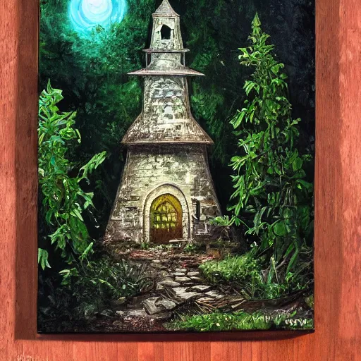 Prompt: Painting of the abandoned wizard\'s tower in the overgrown garden. Fantasy art.