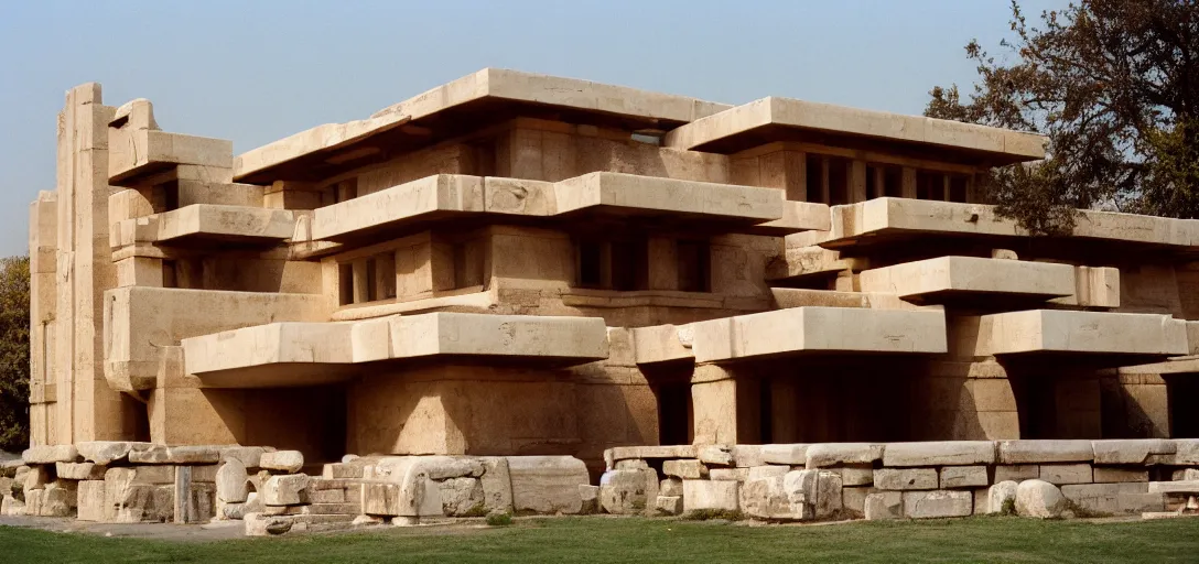 Image similar to ancient greek building designed by frank lloyd wright. fujinon premista 1 9 - 4 5 mm t 2. 9. portra 8 0 0.