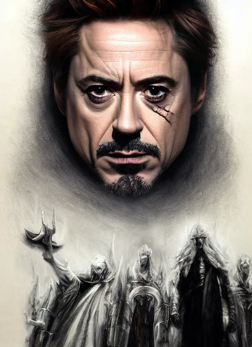 Image similar to robert downey jr. as evil saurman the white, by alan lee, lord of the rings, smooth, oil painting, matte painting, concept art, trending on artstation, promotional artwork, film still, elegant, photorealistic facial features, intricate, detailed face, cinematic lighting