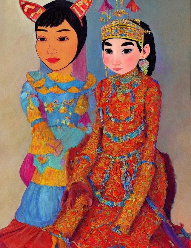 Prompt: central asian queen with cat ears, wearing a lovely dress. this oil painting by the beloved children's book author has impeccable lighting, an interesting color scheme and intricate details.