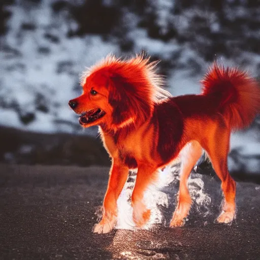 Image similar to ultra detailed photo of a dog with red flaming fur