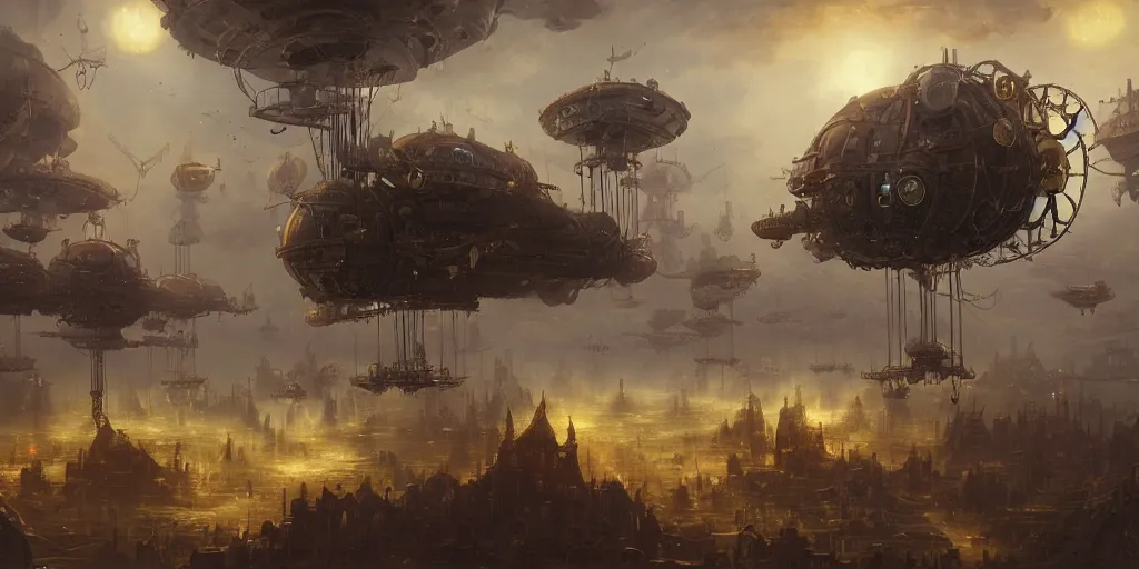 Prompt: a landscape painting of a steampunk airship city with clockwork people on a gas giant in deep space, cosmic artifacts, fantasy, sharp focus, intricate, elegant, digital painting, artstation, gloss, highly detailed, concept art, illustration, ambient lighting, art by peter mohrbacher, johannes voss, jingna zhang, object oriented ontology