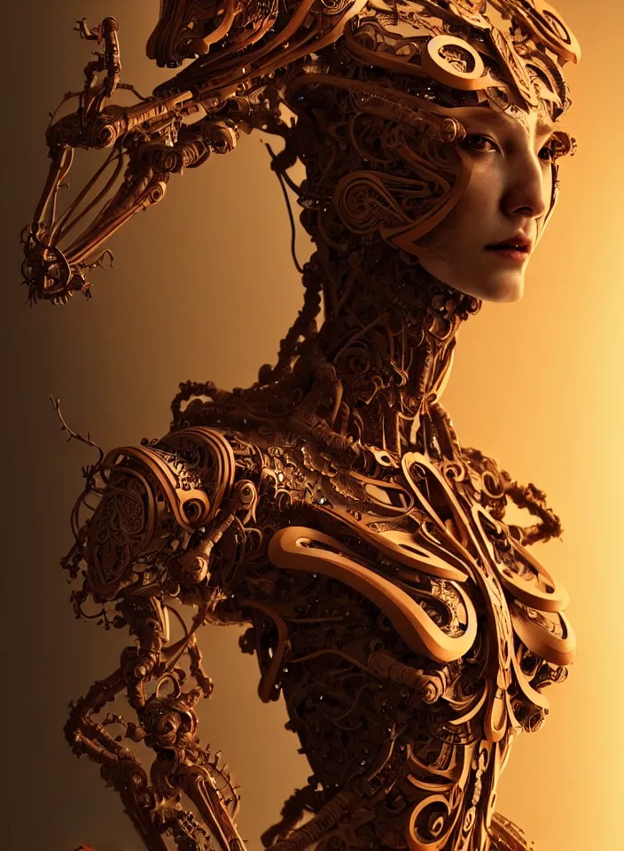 Prompt: organic cyborg, Chinese wood carving, diffuse lighting, fantasy, intricate, elegant, highly detailed, lifelike, photorealistic, digital painting, artstation, illustration, concept art, smooth, sharp focus, art by John Collier and Albert Aublet and Krenz Cushart and Artem Demura and James Jane