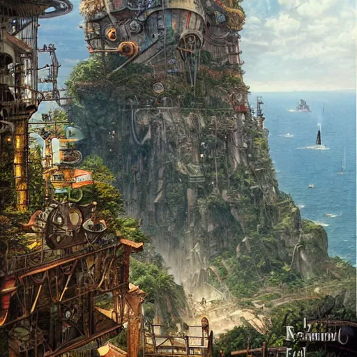 Image similar to steampunk city on a cliff, dense foliage poster art by kim jung giu and weta studio, and lucasfilm and jesper ejsing and norman rockwell greg rutkowski frank frazzeta