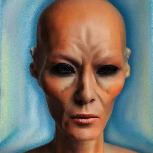 Image similar to realistic fancy portrait of a real alien, 8K, hyperrealistic