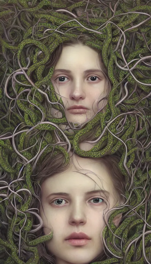 Image similar to very detailed portrait of a 2 0 years old girl surrounded by tentacles, the youg woman visage is blooming from fractal and vines, by alyssa monks