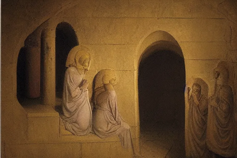 Image similar to inside the tomb of jesus, dark scene, light coming in from the left, small steps leading down, 3 marys crouching in colored robes at the tomb | 2 angels on the right side | medium close | fibonacci composition, by odd nerdrum