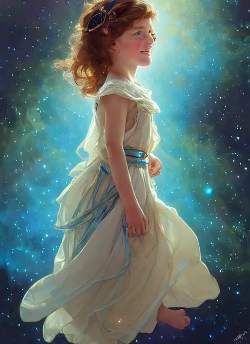 Prompt: a cute little girl with blue eyes, and short wavy light brown hair smiles as she floats in space with stars all around her. she is wearing a turquoise space themed dress. beautiful painting by artgerm and greg rutkowski and alphonse mucha