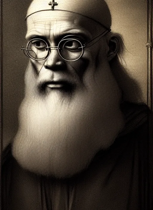 Image similar to portrait saint maximilian kolbe style art of leonardo da vinci pencil, greg rutkowski