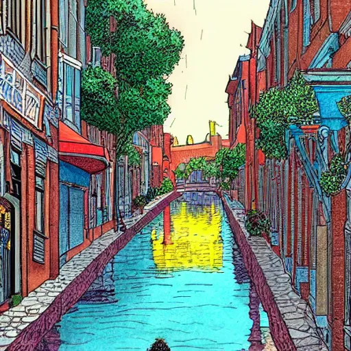 Prompt: water flowing through the streets in old city, sideview, colourful drawing by moebius