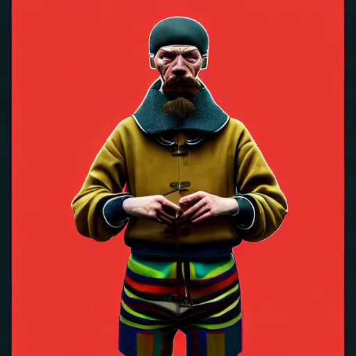 Image similar to Colour Brutal Caravaggio style Photography of Highly detailed brutal Gopnik with highly detailed face and wearing detailed retrofuturistic Ukrainian folk costume designed by Taras Shevchenko also wearing detailed retrofuturistic sci-fi Neural interface designed by Josan Gonzalez. Many details In style of Josan Gonzalez and Mike Winkelmann and andgreg rutkowski and alphonse muchaand and Caspar David Friedrich and Stephen Hickman and James Gurney and Hiromasa Ogura. Rendered in Blender and Octane Render volumetric natural light