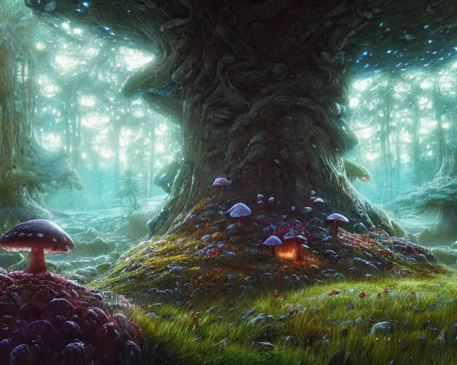 Image similar to highly detailed portrait of a magical mushroom forest, in skyrim, stephen bliss, unreal engine, fantasy art by greg rutkowski, loish, rhads, ferdinand knab, makoto shinkai and lois van baarle, ilya kuvshinov, rossdraws, tom bagshaw, global illumination, radiant light, detailed and intricate environment