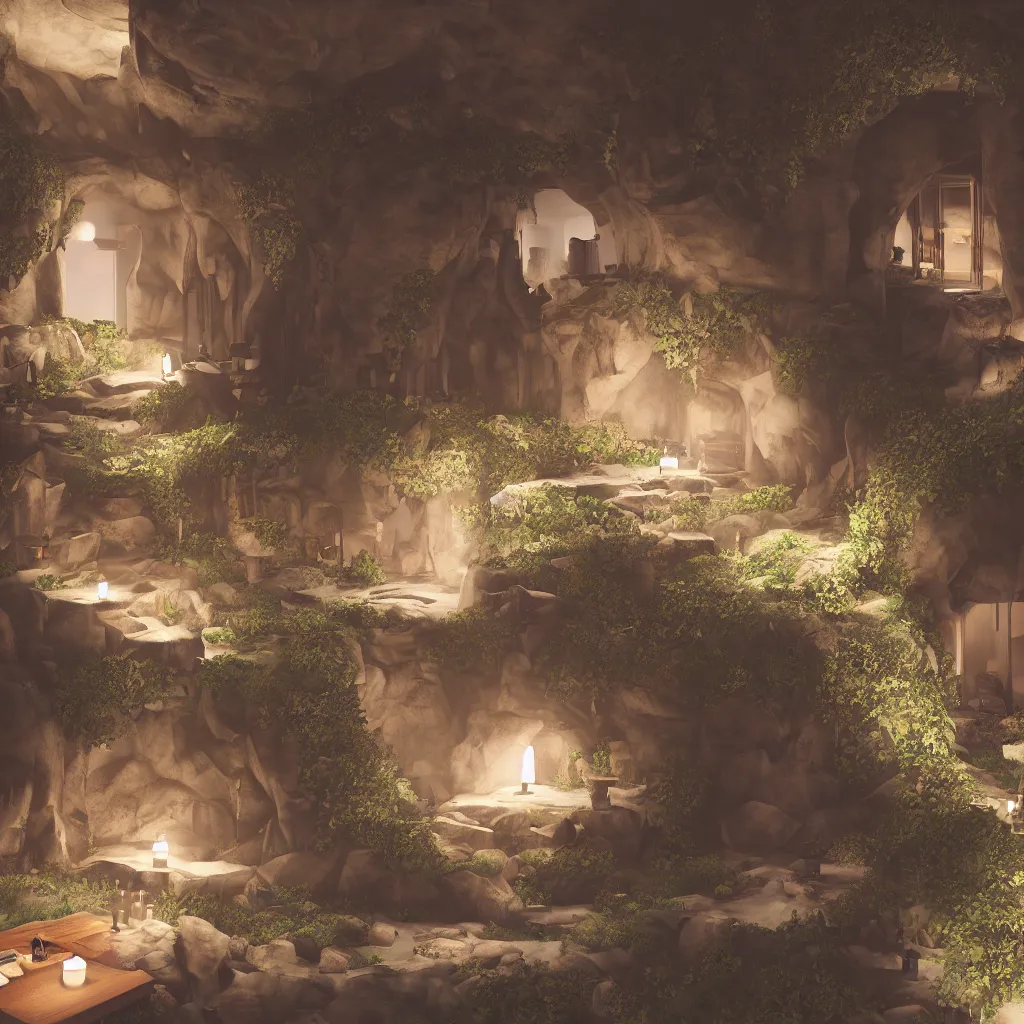 Prompt: secret overwatch common area carved inside a cave, multiple bedrooms, sheltered, magical, natural light, planters, central tree, candle light, cinematic lighting, clean lines, cozy, fantasy, minimalist architecture, sharp focus, concept art, octane render 8 k