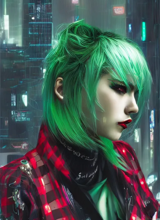 Prompt: cyberpunk woman with green hair wearing futuristic clothes and a red plaid miniskirt, beautiful face, character portrait, by wlop, by artgerm, by yoshitaka amano, digital art, matte art, octane render, lineart, pop art