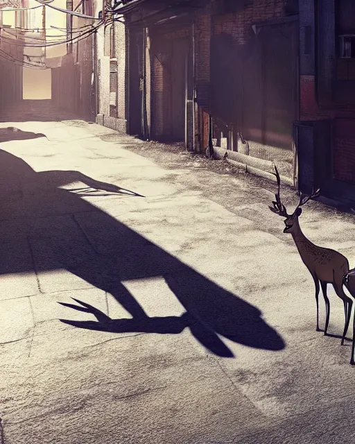 Prompt: artstation scifi scene of two deer long shadow, in a shabby town narrow alley, dim lights, long shadows, summer unreal engine 5, hyper realism, realistic shading, cinematic composition, blender render, octane render, hdr, detailed textures, photorealistic, wide shot