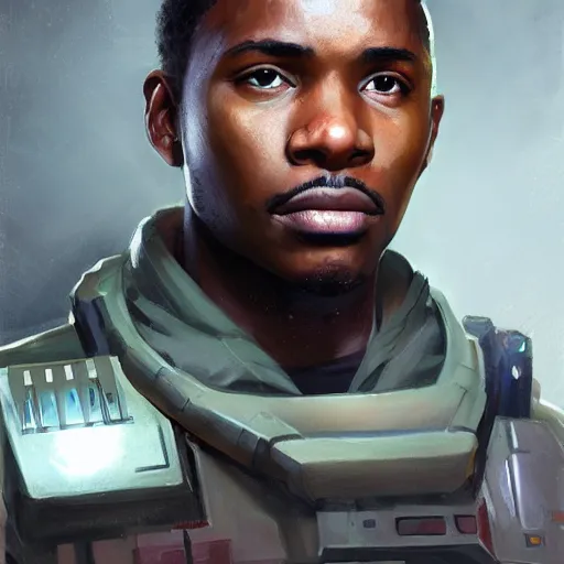 Image similar to portrait of a man by Greg Rutkowski, a black man in his 20s, short hair, military composure, friendly, wearing the tactical gear of the galactic alliance, Star Wars Expanded Universe, highly detailed portrait, digital painting, artstation, concept art, smooth, sharp foccus ilustration, Artstation HQ