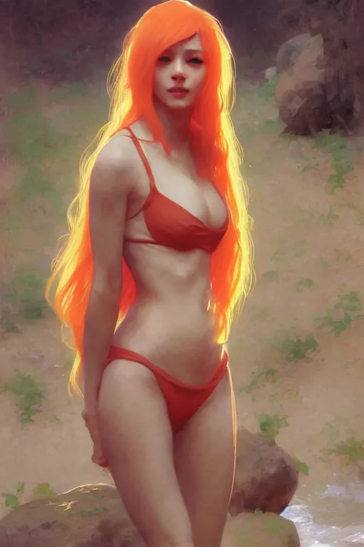 Image similar to nami, long orange hair, bikini, digital art from artstation by ruan jia and mandy jurgens and artgerm and william - adolphe bouguereau