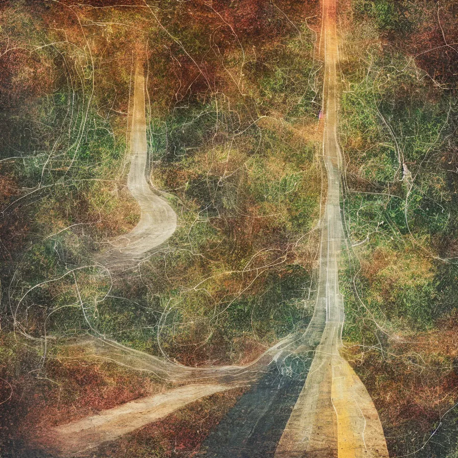 Prompt: Cover art for an album titled: 'The Road that Alleviates your Worries'. Earth tones, multiexposure