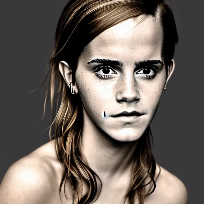 Prompt: emma watson, left shoulder towards the camera about 4 5 degrees. portrait by martin schoeller. detailed, 4 k, morning hour.