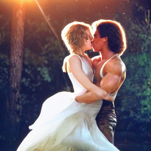 Prompt: portrait shot of young arnold schwarzenegger holding tight in love dancing in the rain with jennifer lawrence beautiful white wet dress, 5 0 mm kodak, beautiful light, best lense, 9 0 s romantic comedy, 4 k