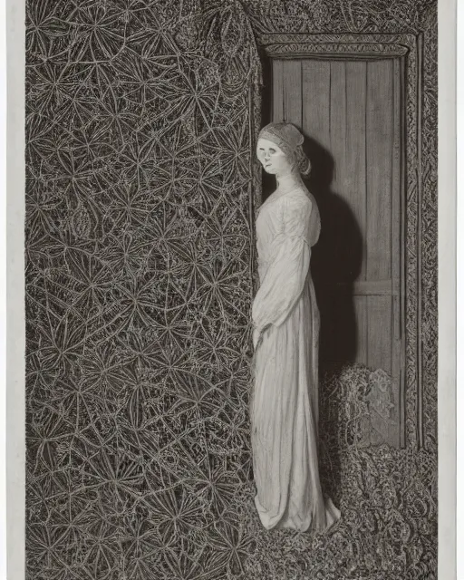 Image similar to a woman standing in a doorway, made of intricate decorative lace leaf, in the style of the dutch masters and gregory crewdson, dark and moody