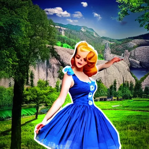 Prompt: giant alice in wonderland, pin up, houses, trees, mountains, woman, city, digital art, photo, blue dress, photoshop, flowers, collage, river, below