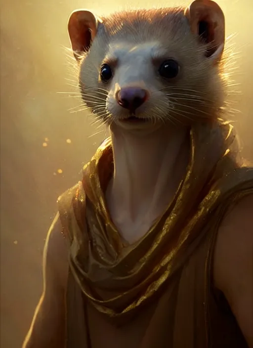 Prompt: a beautiful closeup shot from a fantasy film of a humanoid spotted ferret with golden eyes wearing a loose tunic. an anthropomorphic ferret with gold eyes. joseph ducreux, greg rutkowski.