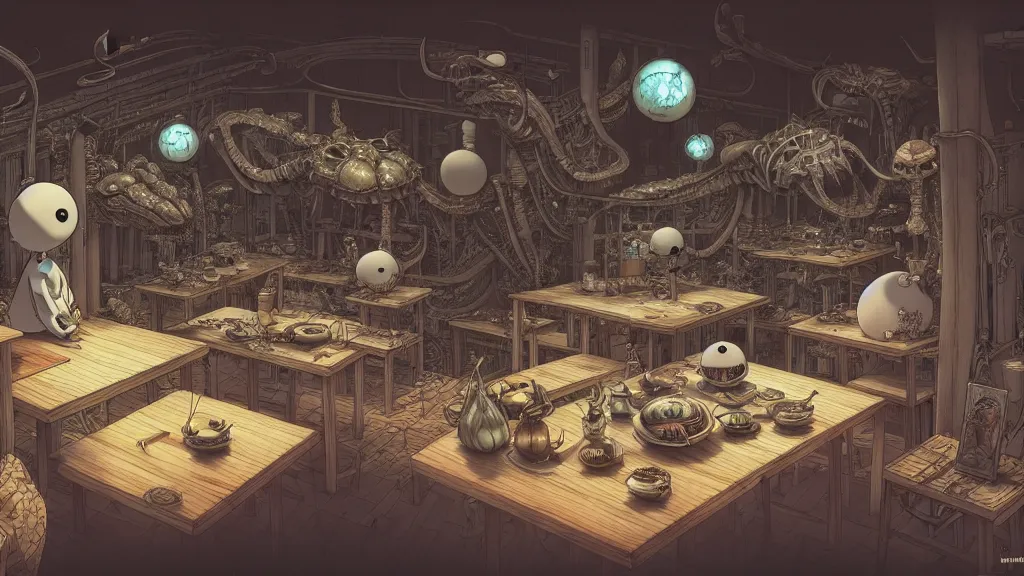 Prompt: A Studio Ghibli Japanese cafe, hyperdetailed, artstation, cgsociety, style of Giger, H. R. GIGER, style of Junji Ito, 4K, highly detailed, minimalistic, minimalistic, minimalistic, fine tuned, machina