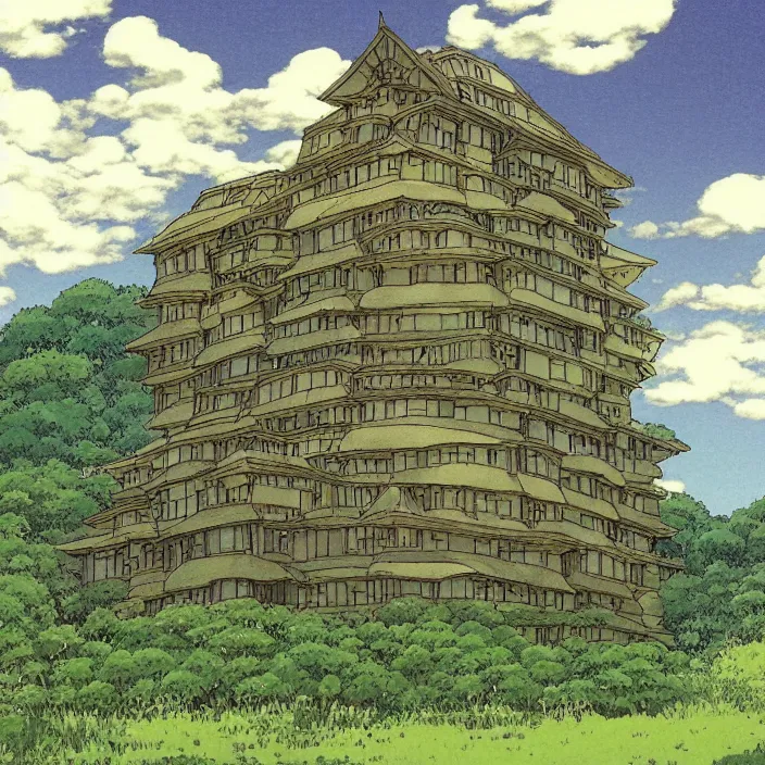 Image similar to a building in a serene landscape, by studio ghibli