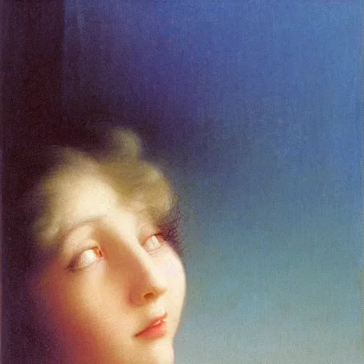 Image similar to a young woman's face, her hair is white and she wears a cobalt blue satin cloak, by ivan aivazovsky and syd mead and moebius and gaston bussiere and roger dean and pieter claesz and paul delaroche and alma tadema and aelbert cuyp and ilya repin, hyperrealistic, volumetric light, octane render