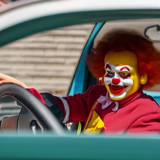 Prompt: Ronald McDonald driving through the Ghetto in his little clown car.
