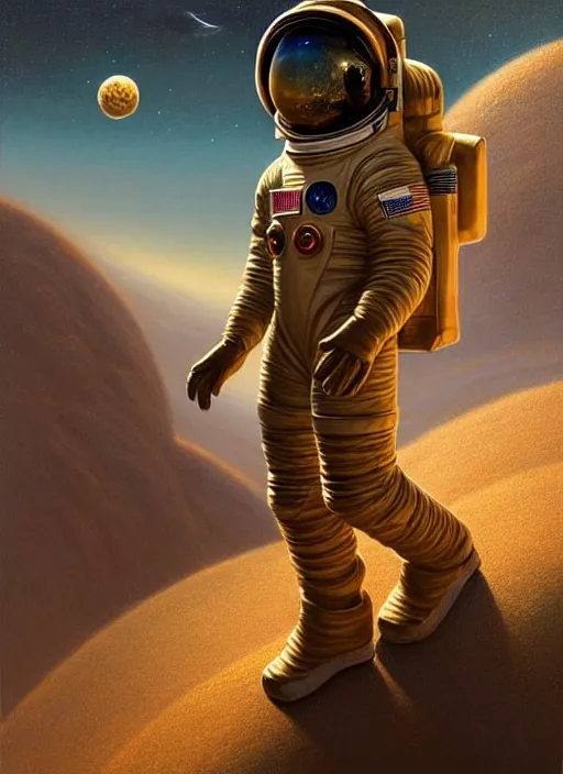 Prompt: extremely detailed, astronaut lush planet, full body, soft light, golden glow, diffuse lighting, fantasy, intricate, surrealism!!!!, highly detailed, lifelike, photorealistic, digital painting, artstation, illustration, concept art, smooth, sharp focus, by greg rutkowski, chris tulloch mccabe, valentina remenar and asher duran,