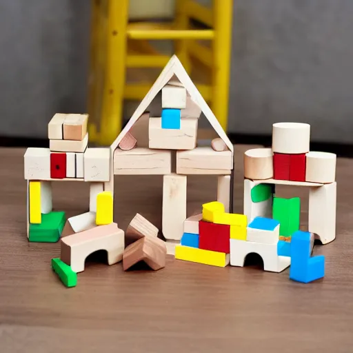 Image similar to wooden plain kids toy blocks city town village of uncolored natural organic wood blocks stacked, montessori style town, farm, bridge, shop, road map of wooden blocks play