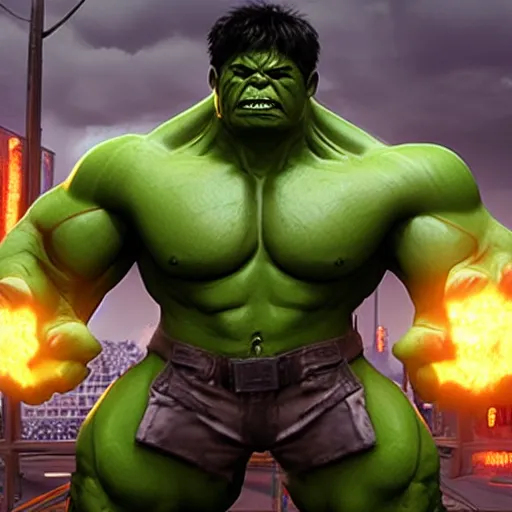 Image similar to The Hulk as a character in the game Valorant, with a background based on the game Valorant, detailed face, Gameplay Footage