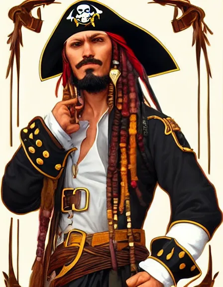 Image similar to fully clothed pirate captain personified. sun, summer, strength, knowledge, smart, portrait, symmetrical, highly detailed, digital painting, artstation, smooth, sharp focus, illustration, strength, art by artgerm and alphonse mucha and louis theophile hingre