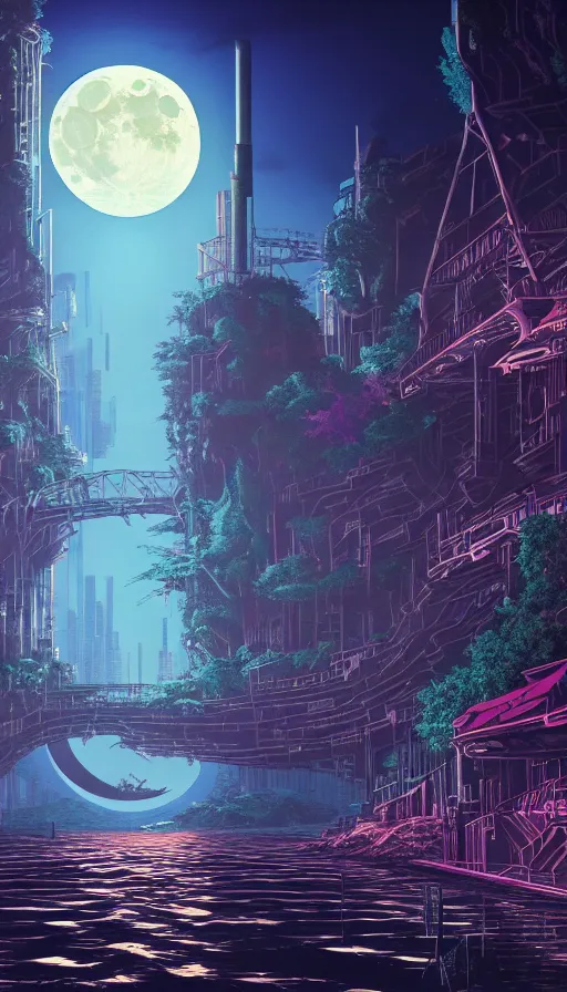 Image similar to reclaimed by nature by moon hoon, darkacademia atlantis cosmic san andreas at dawn neon signs tokyo synthwave universe, archdaily, wallpaper, highly detailed, trending on artstation.