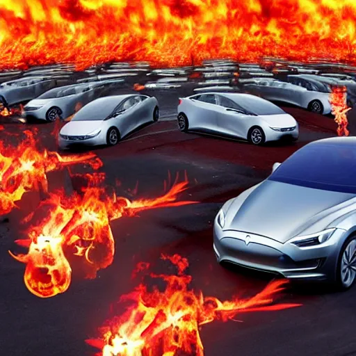 Prompt: elon musk in hell surrounded by flaming teslas