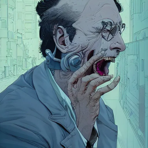 Prompt: portrait of a mad man screaming, by Josan Gonzalez and Tomer Hanuka and Moebius and Brad Rigney and Greg Rutkowski