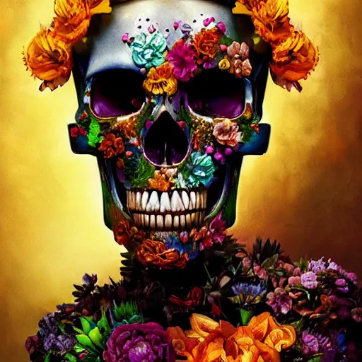 Prompt: colorful robot t 8 0 0 skull with golden teeth, in flowers by rembrandt and lise deharme and artgerm, digital art, detailed masterpiece