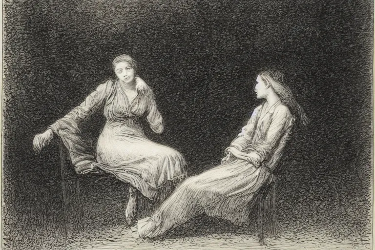 Prompt: black and white, young french woman sitting in the park at midnight, Gustave Dore lithography