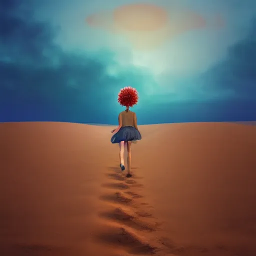 Image similar to closeup giant dahlia flower under head, girl walking between dunes, surreal photography, sunrise, blue sky, dramatic light, impressionist painting, digital painting, artstation, simon stalenhag