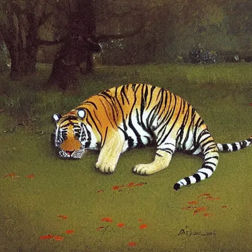 Prompt: a tiger sits with a mouse, spring, on the grass painted by alexey savrasov