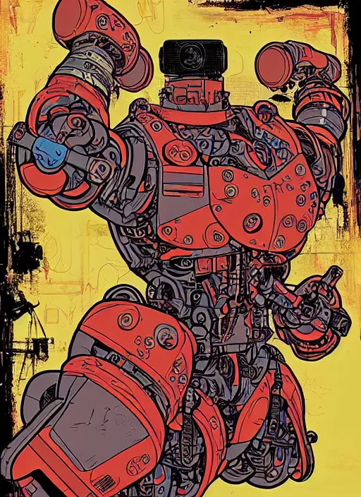 Image similar to buff cyberpunk weight lifter. robotic arm. portrait illustration, pop art, splash painting, art by geof darrow, ashley wood, alphonse mucha, makoto shinkai, laurie greasley, josan gonzales ( apex legends )