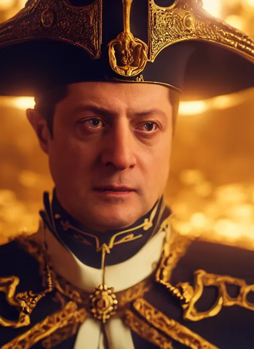 Image similar to zelensky as emperor napoleon in elden ring, splash art, movie still, cinematic lighting, dramatic, octane render, long lens, shallow depth of field, bokeh, anamorphic lens flare, 8 k, hyper detailed, 3 5 mm film grain