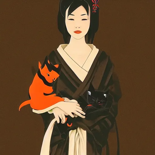 Image similar to full body icon stylized minimalist an asian girl with geisha makeup holding a cute black cat surrounded by snowflakes, loftis, cory behance hd by jesper ejsing and zdzisław beksinski and norman rockwell and greg rutkowski weta studio, and lucasfilm - c 1 0