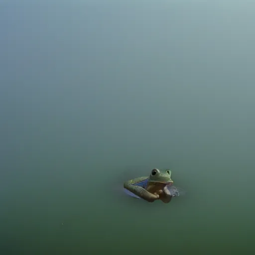 Image similar to semi translucent smiling frog amphibian floating over misty lake in Jesus Christ pose, cinematic shot by Andrei Tarkovsky, paranormal, spiritual, mystical