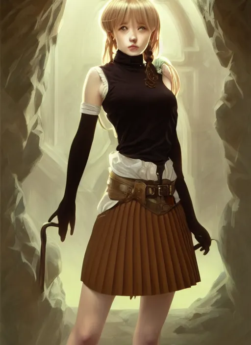 Image similar to portrait of a full body of beautiful young female detective, d & d, sleeveless turtleneck, pleated skirt, fantasy, flat lighting, intricate, highly detailed, digital painting, artstation, concept art, smooth, sharp focus, illustration, misa amane, art by simon bisley and greg rutkowski and alphonse mucha, natural tpose