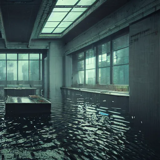 Prompt: flooded, desecrated, abandoned, no windows, cyberpunk science lab, ultra realistic, concept art, intricate details, eerie, highly detailed, photorealistic, octane render, 8 k, unreal engine, art by ben evrard