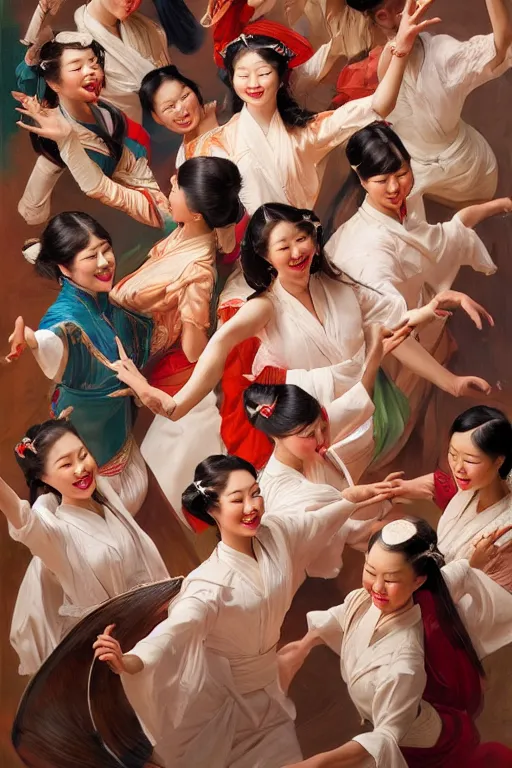 Image similar to top angle shot of group of asian females dancing, masterpiece painted by jc leyendecker, 8 k, high detail, fantasy art, dnd, artstation,