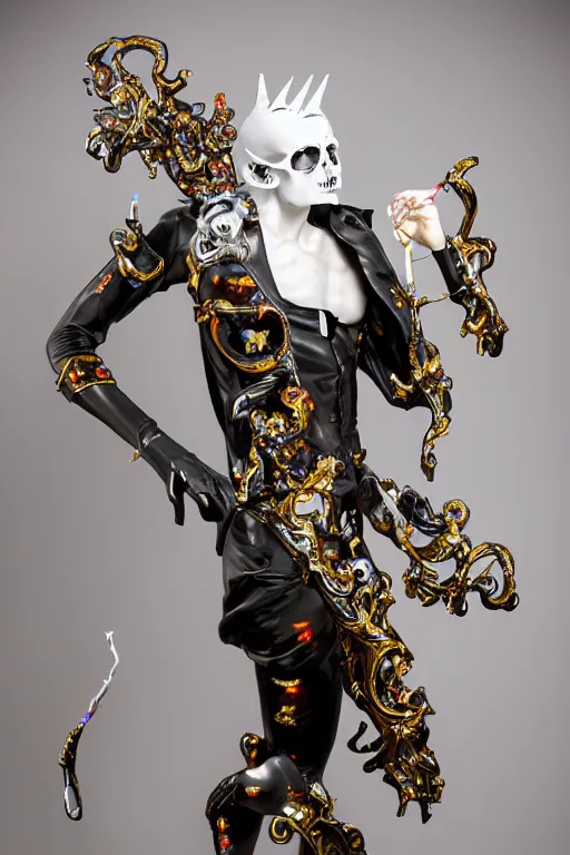 Image similar to full-body baroque and cyberpunk style neon and ceramic statue of a young attractive (slender muscular Spanish macho bem dotado) e rico android (((sim roupa))) reclining ((con pernas aberta e piroca dura)), glowing (white laser) eyes, prince crown of iridescent skulls, ruby, swirling gold-colored silk fabric. futuristic elements. full-length view. space robots. human skulls. intricate artwork by caravaggio. Trending on artstation, octane render, cinematic lighting from the right, hyper realism, octane render, 8k, depth of field, 3D